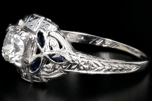 Art Deco 18K White Gold .60 Carat Old European Cut Diamond and Sapphire Ring - Queen May