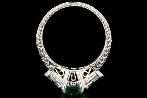 Modern Platinum and 18K Yellow Gold 1 Carat Emerald and Trillion Cut Diamond Ring - Queen May