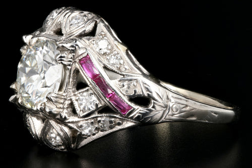 Art Deco 14K White Gold .97 Carat Transition Cut Diamond and Ruby Engagement Ring - Queen May