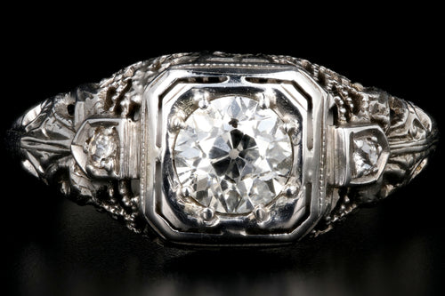 Art Deco 18K White Gold .63 Carat Old European Cut Diamond Engagement Ring - Queen May