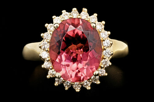 Modern 14K Yellow Gold 3.5 Carat Pink Tourmaline Diamond Halo Ring - Queen May