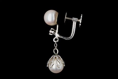 Retro 14K White Gold Double Pearl Drop Diamond Screwback Earrings c.1950's - Queen May