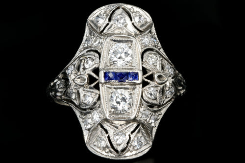 Art Deco Platinum .9 Carat Old European Cut Diamond and Sapphire Shield Style Ring - Queen May