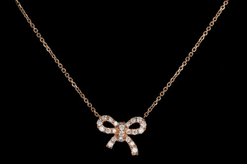 New 14K Rose Gold Round Brilliant Cut Bow Diamond Necklace - Queen May