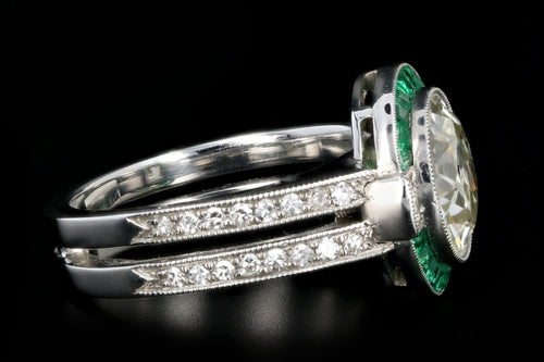 Platinum Art Deco 3 Carat Old European Cut Diamond and Emerald Halo Ring - Queen May