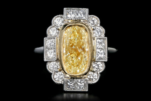 New 14K White Gold 2.04 Light Yellow Cushion Cut and White Diamond Ring - Queen May