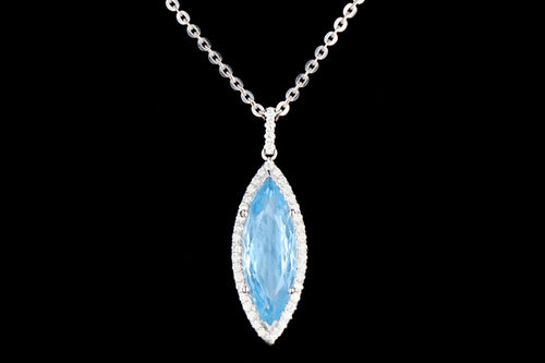 New 14K White Gold 4.47 Carat Marquise Cut Aquamarine and Diamond Halo Necklace - Queen May