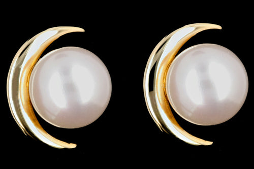 New 14K Yellow Gold Crescent Moon & Freshwater Cultured Pearl Earrings - Queen May