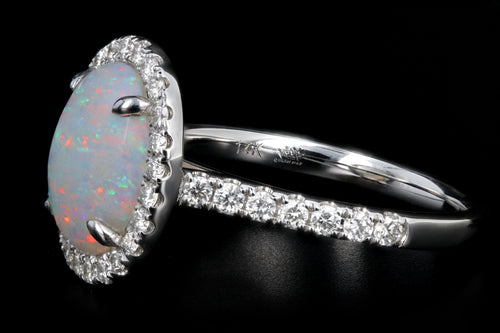 New 14K White Gold 1.29 Carat Oval Cut Opal and Diamond Ring - Queen May