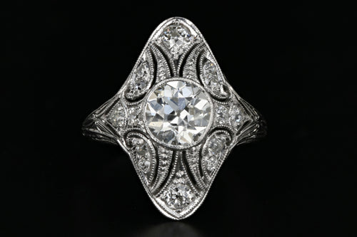 Art Deco 18K White Gold 1.15 Carat Old European Cut Diamond Shield Ring GIA Certified - Queen May