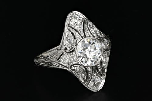 Art Deco 18K White Gold 1.15 Carat Old European Cut Diamond Shield Ring GIA Certified - Queen May