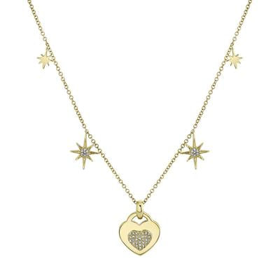 14K Yellow Gold .09 Carat Total Weight Diamond Heart Star Charm Necklace - Queen May