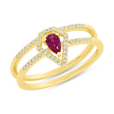 14K Yellow Gold .22 Carat Pear Cut Ruby Ring & Diamond Jacket Set - Queen May