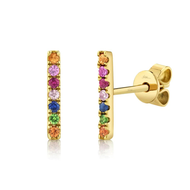 14K Yellow Gold 0.17 Carat Total Weight Multi-Color Stone Bar Stud Earrings - Queen May