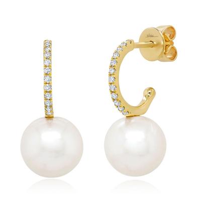 14K Yellow Gold .09 Carat Total Weight Diamond & Cultured Pearl Hoop Earrings - Queen May