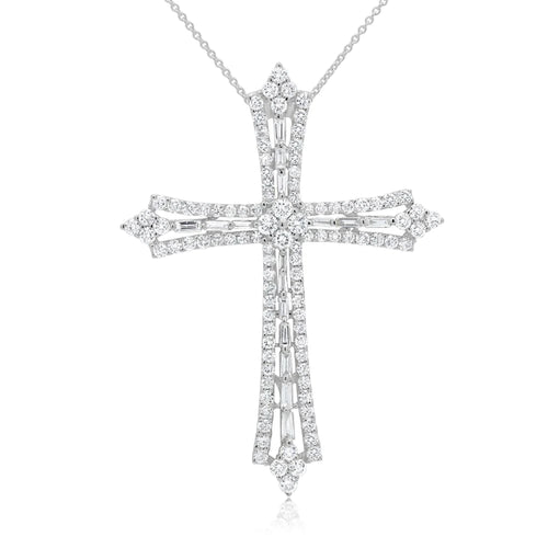 14K White Gold 1.66 Carat Total Weight Diamond Baguette Cross Pendant Necklace - Queen May