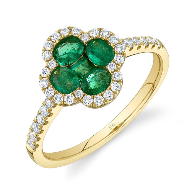 14K Yellow Gold Emerald Diamond Clover Ring - Queen May