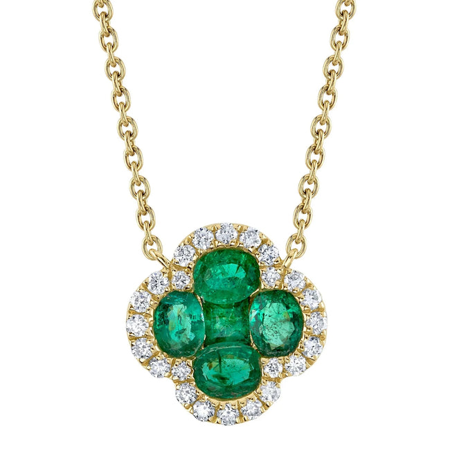 14K Yellow Gold Emerald Diamond Clover Pendant Necklace - Queen May