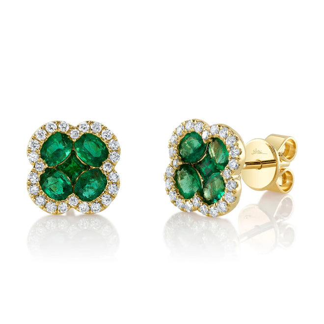 14K Yellow Gold Emerald Diamond Clover Stud Earrings - Queen May