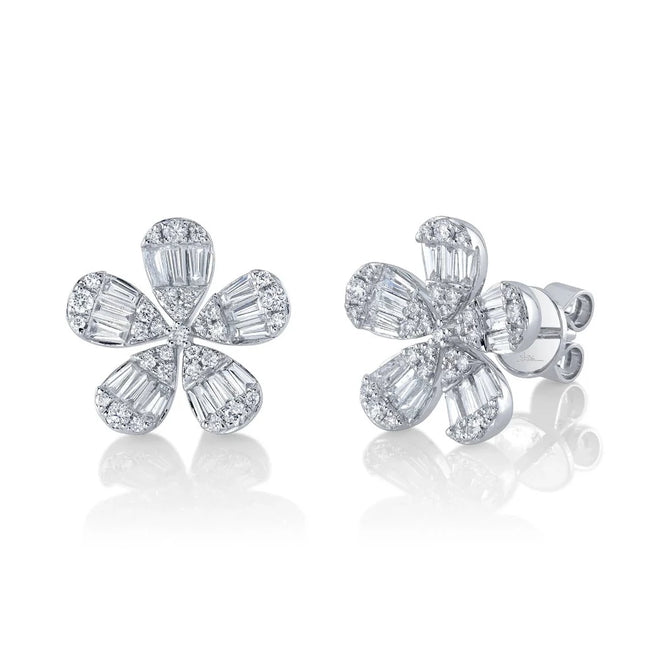14K White Gold 1 Carat Total Weight Diamond Baguette Flower Stud Earrings - Queen May