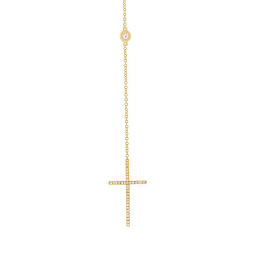 14K Yellow Gold 0.49 Carat Total Weight Diamonds By The Yard Cross Lariat Necklace - Queen May