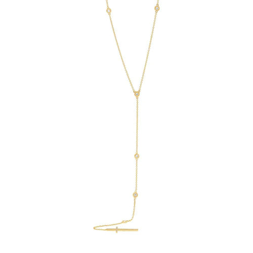 14K Yellow Gold 0.49 Carat Total Weight Diamonds By The Yard Cross Lariat Necklace - Queen May