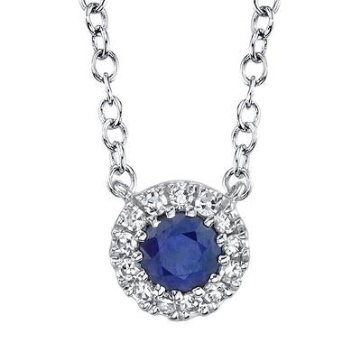 14K White Gold Sapphire & Diamond Halo Pendant Necklace - Queen May