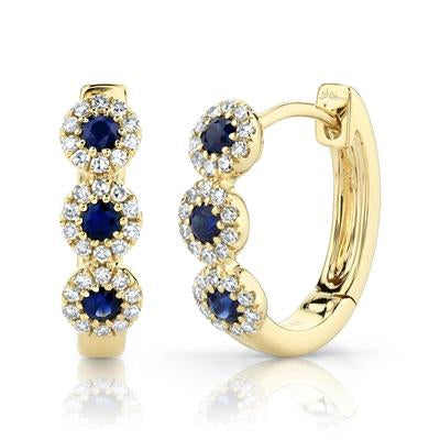 14K Yellow Gold Sapphire & Diamond Halo Huggie Earrings - Queen May