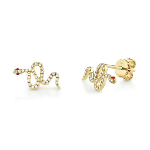 New 14K Yellow Gold Diamond & Ruby Snake Stud Earrings - Queen May