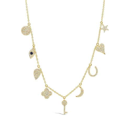 14K Yellow Gold Diamond & Sapphire Charm Necklace - Queen May