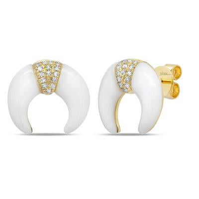 14K Yellow Gold White Onyx & Diamond Crescent Stud Earrings - Queen May