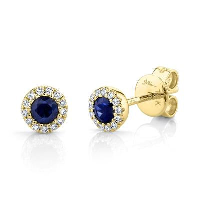 14K Yellow Gold Sapphire & Diamond Halo Stud Earrings - Queen May