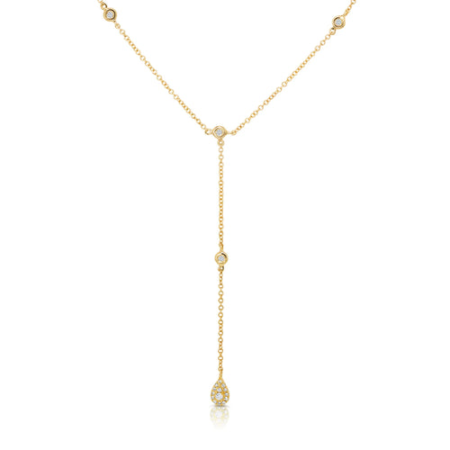 14K Yellow Gold 0.32 Carat Total Weight Round Diamond Bezel Station Lariat Necklace - Queen May