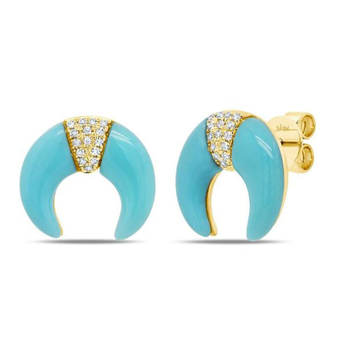 14K Yellow Gold Turquoise & Diamond Crescent Stud Earrings - Queen May