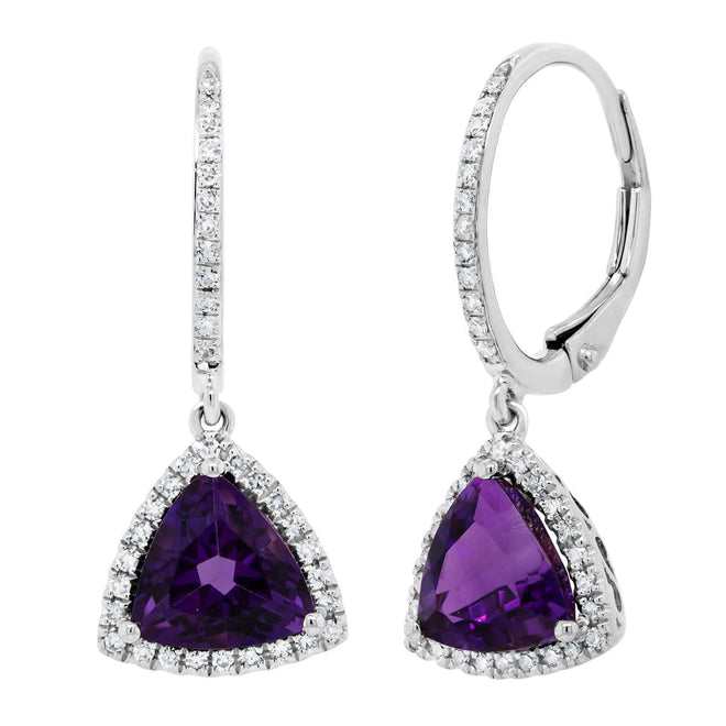 14K White Gold Amethyst & Diamond Triangle Drop Earrings - Queen May