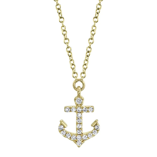14K Yellow Gold 0.07 Carat Total Weight Diamond Mini Anchor Pendant Necklace - Queen May
