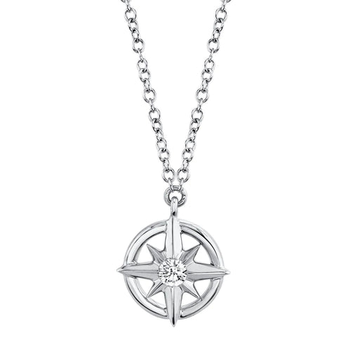 14K White Gold 0.05 Carat Round Diamond Compass Rose Pendant Necklace - Queen May