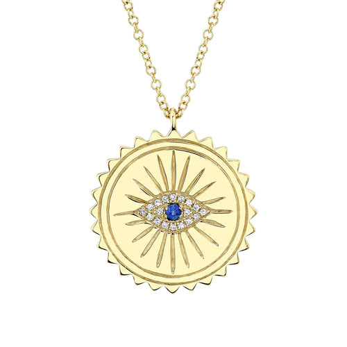 14K Yellow Gold Sapphire & Diamond Evil Eye Medallion Pendant Necklace - Queen May