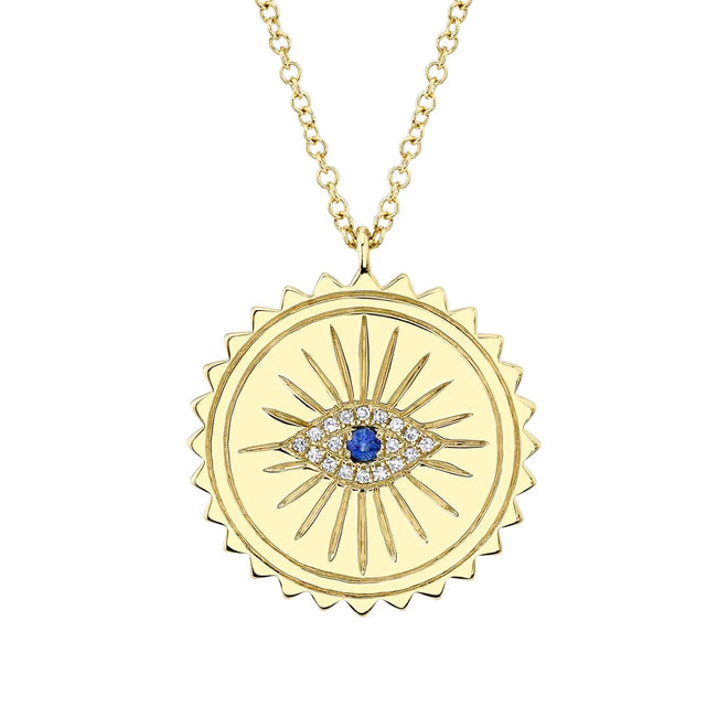 14K Yellow Gold Sapphire & Diamond Evil Eye Medallion Pendant Necklace - Queen May