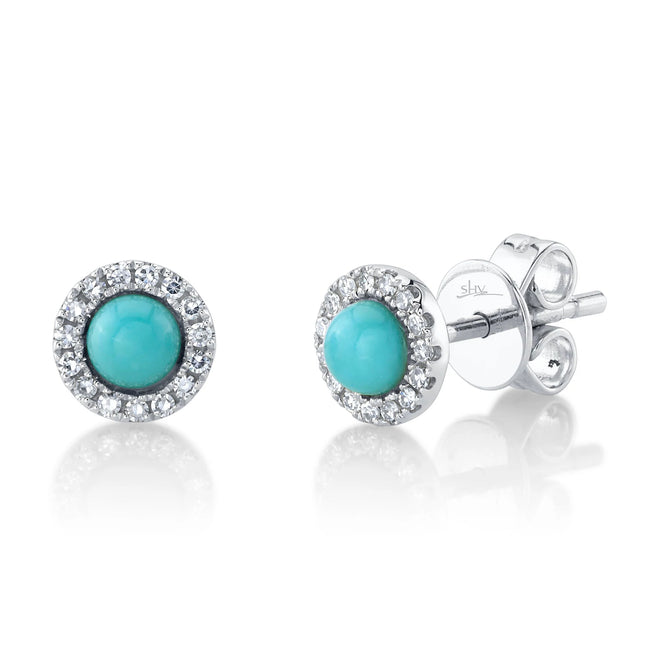 14K White Gold Turquoise & Diamond Halo Stud Earrings - Queen May