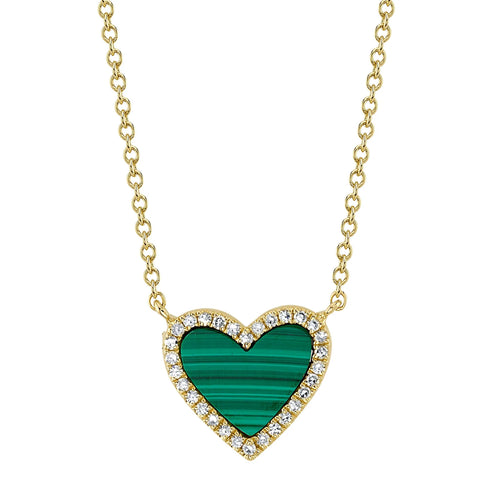 14K Yellow Gold Malachite & Diamond Halo Heart Pendant Necklace - Queen May