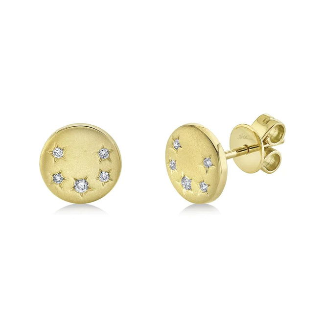 14K Yellow Gold Celestial Diamond Brushed Disk Stud Earrings - Queen May