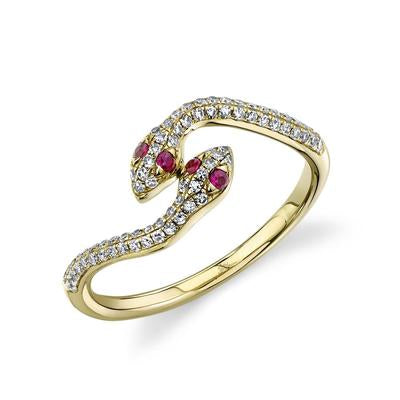 14K Yellow Gold Diamond & Ruby Snake Ring - Queen May