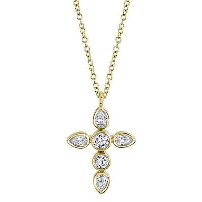 14K Gold .42 Carat Total Weight Pear Diamond Cross Pendant Necklace - Queen May