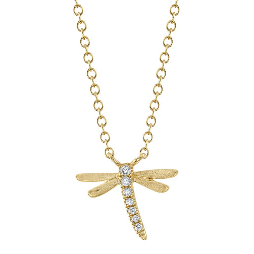 14K Yellow Gold 0.03 Carat Total Weight Diamond Dragonfly Pendant Necklace - Queen May