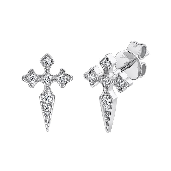 14K White Gold .13 Carat Total Weight Diamond Cross Stud Earrings - Queen May