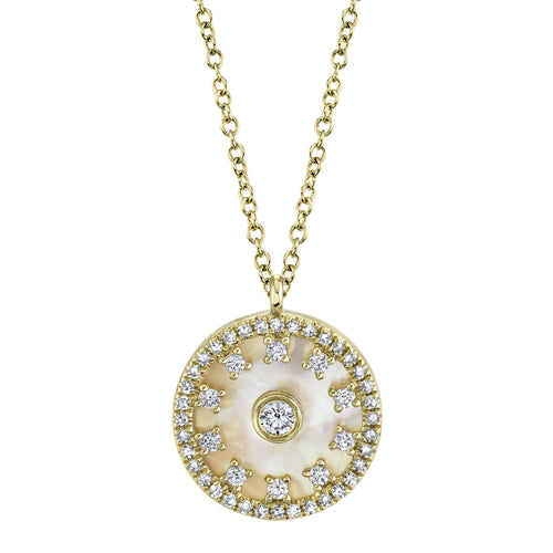 New 14K Yellow Gold 1.73 Carat Mother Of Pearl & Diamond Circle Pendant Necklace - Queen May