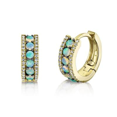 14K Yellow Gold Opal & Diamond Huggie Earrings - Queen May