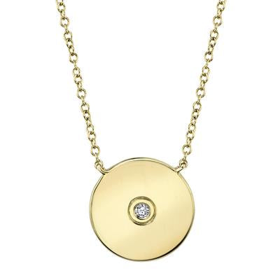 14K Yellow Gold .02 Carat Round Diamond Disk Pendant Necklace - Queen May