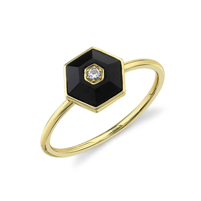 14K White or Yellow Gold 0.03 Carat Diamond & Black Onyx Hexagon Ring - Queen May